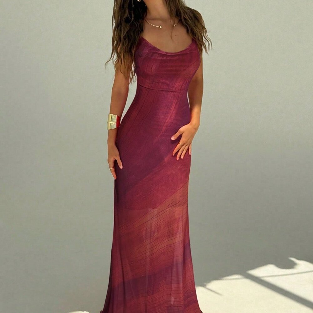 Redwood Ombre Sexy Women's Mesh Print Romantic Backless Maxi Dress